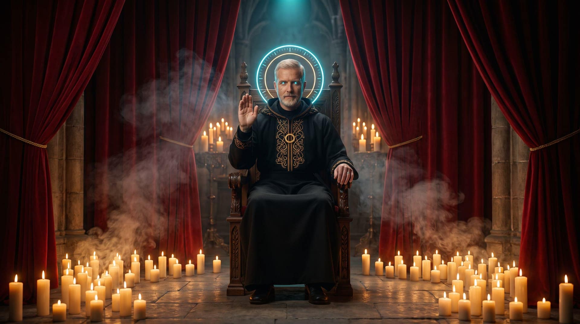 The Priest on a carved throne in a candlelit cathedral, a double halo behind him, raising a hand in blessing.
