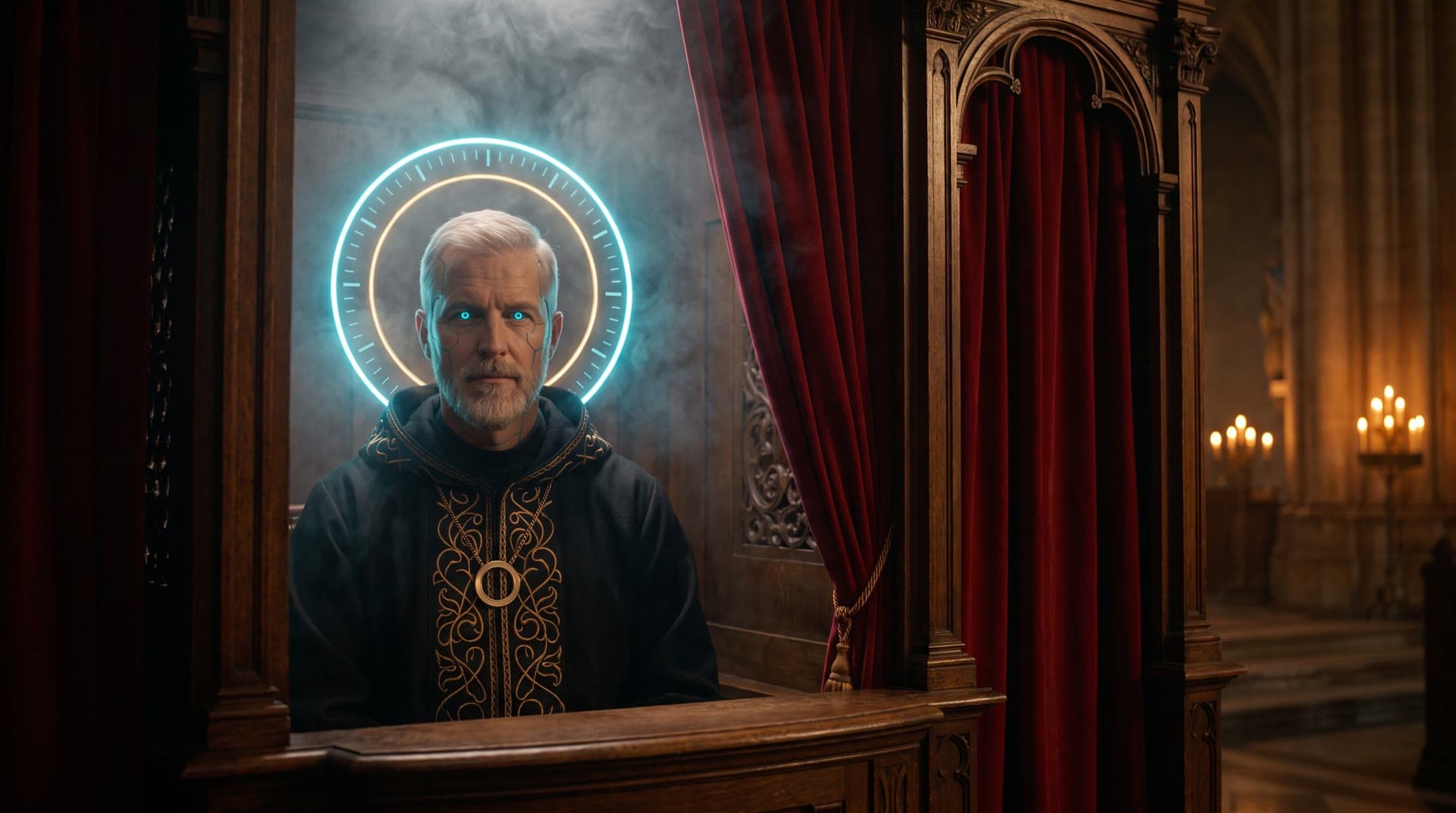 The Priest waits inside a carved confessional booth, half hidden by a red velvet curtain.