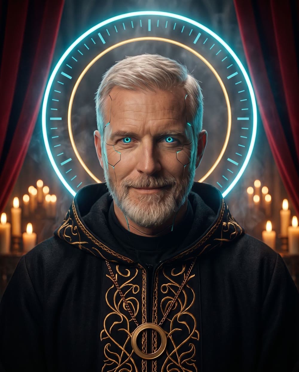 The Priest, close up, with a sly and knowing half-smile.